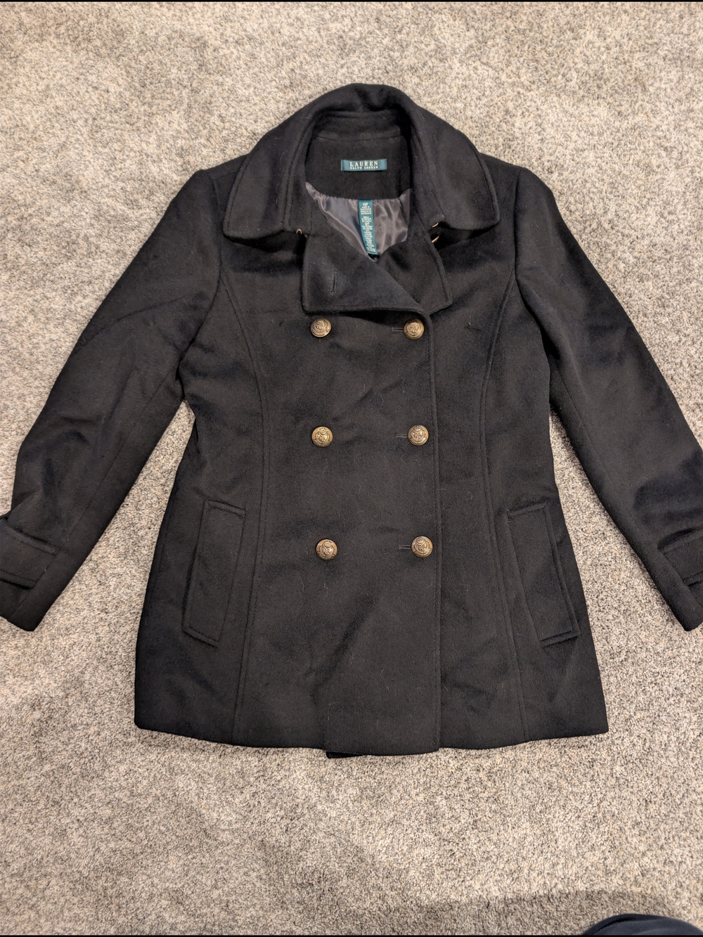 Lauren Ralph Lauren Black Wool Blend Double Breasted Crested Peacoat Petite 10P